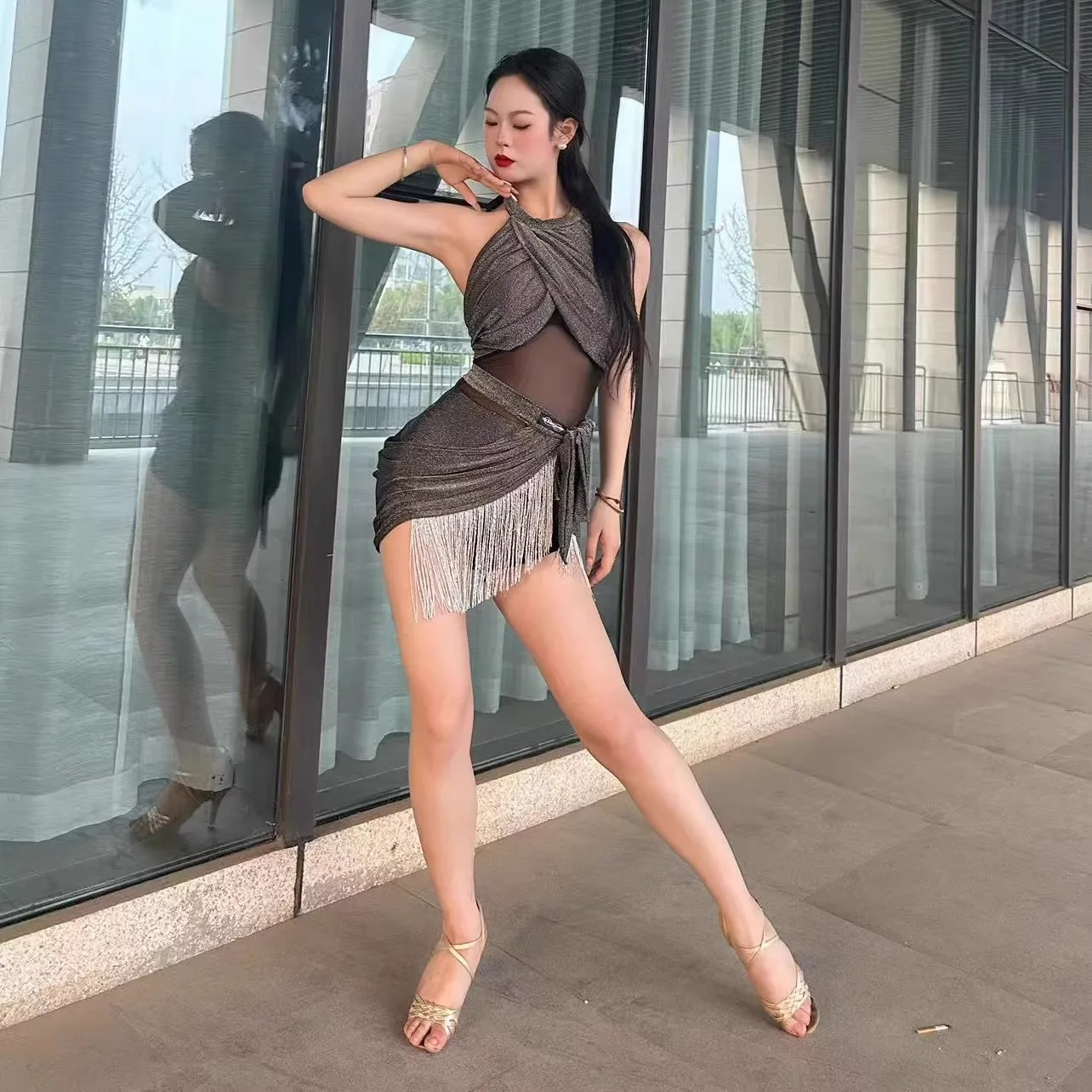 

customized women adults children girls Latin dance costume neck hanging lace camisoles performance practice clothes fringe dress