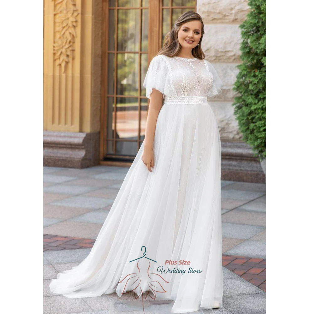 

Classic Wedding Dress Plus Size Women 2023 O-Neck Short Sleeves Empire Bride Gown Tulle A-Line Sweep Train Robe De Mariée