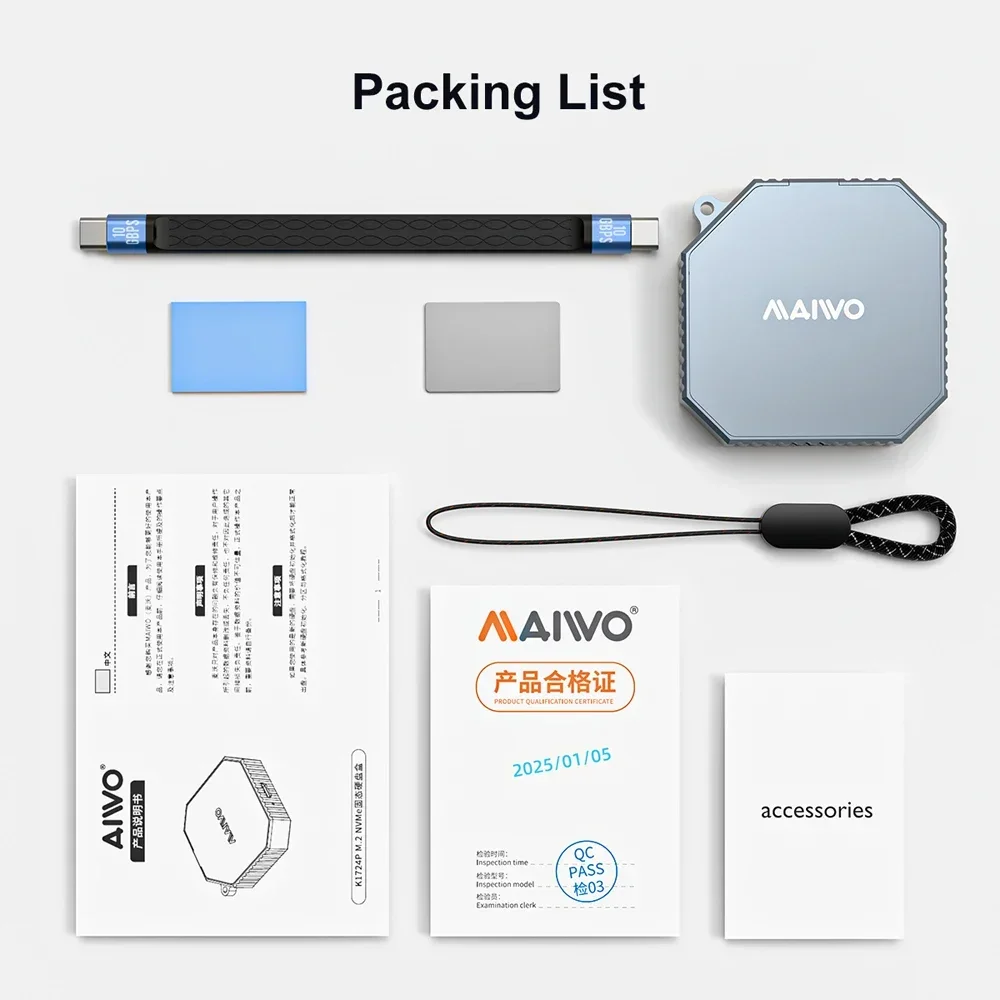 MAIWO M.2 Magnetic SSD Enclosure Adapter NVMe Aluminum External SSD Drive Adapter USB 3.2 Type-C 10Gbps To M2 2230 NVMe SSD Case