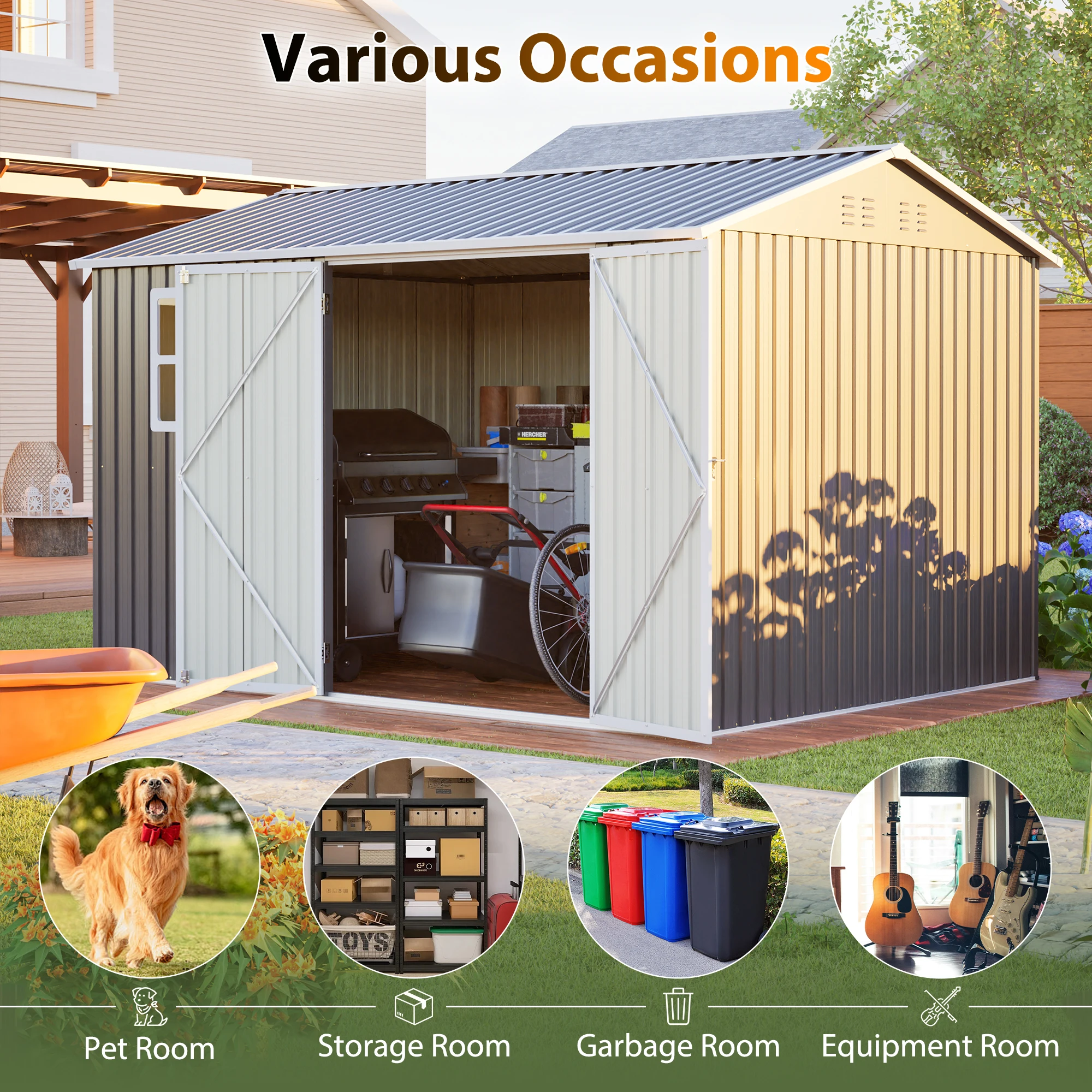 Factory Direct 2026 10'x8' Oversized Steel Storage Shed, Window, Lockable Doors, Sloped Roof, Heavy‑Duty Outdoor Tool Shed