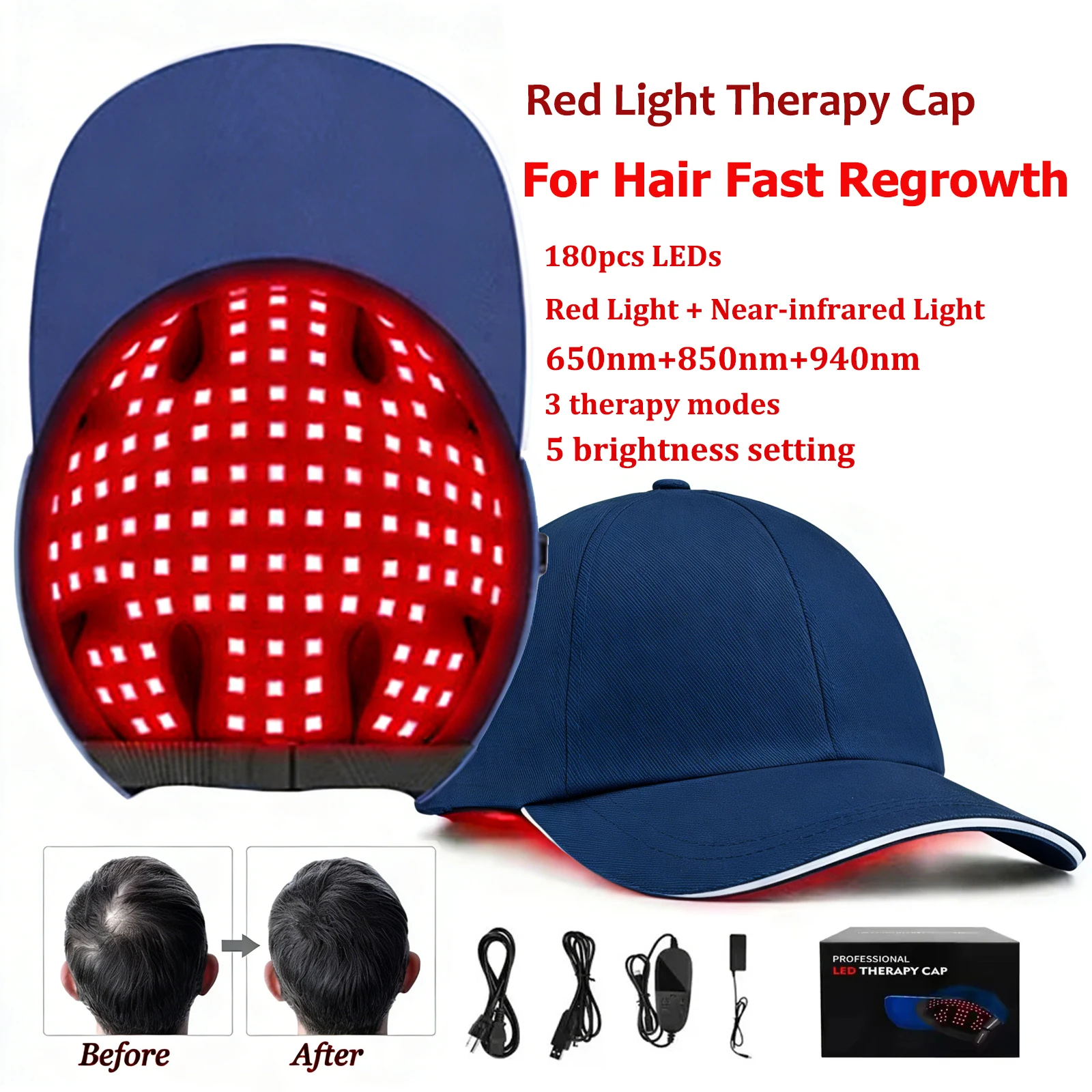 180Pcs Infrared LEDs 650&850&940nm Red Light Therapy Hair Growth Cap for Hair Regrowth Anti Hair Loss Relax Scalp Hair Care Hat