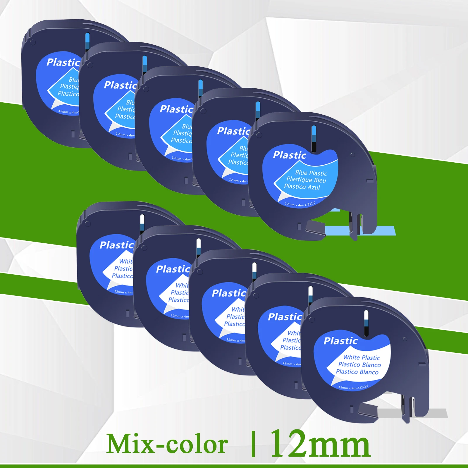 

10PK 12mm Plastic Label Tape Black on White+Black on Blue 91331 91335 Compatible For Dymo LetraTag LT100H QX50 Label Printers