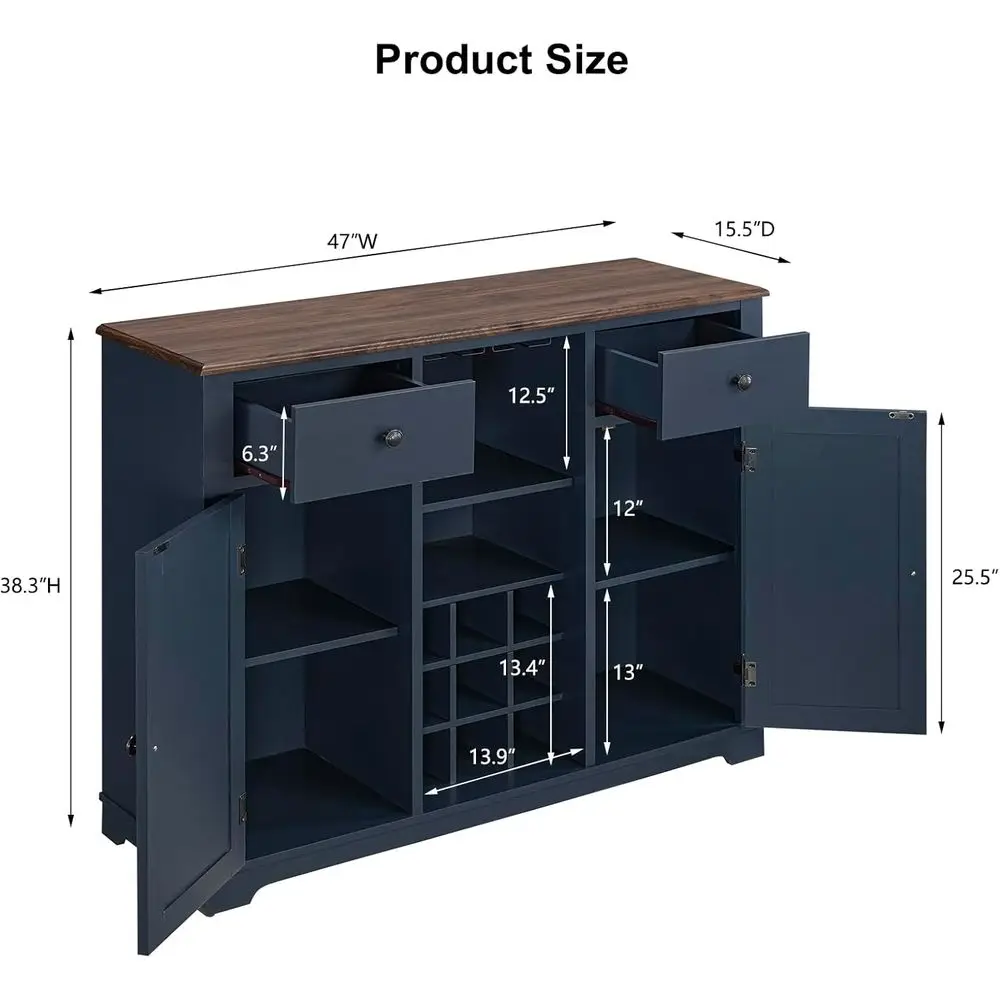 Navy Blue 47 Wine Cabinet with Rack & Lattice, Multifunctional Sideboard for Kitchen and Dining