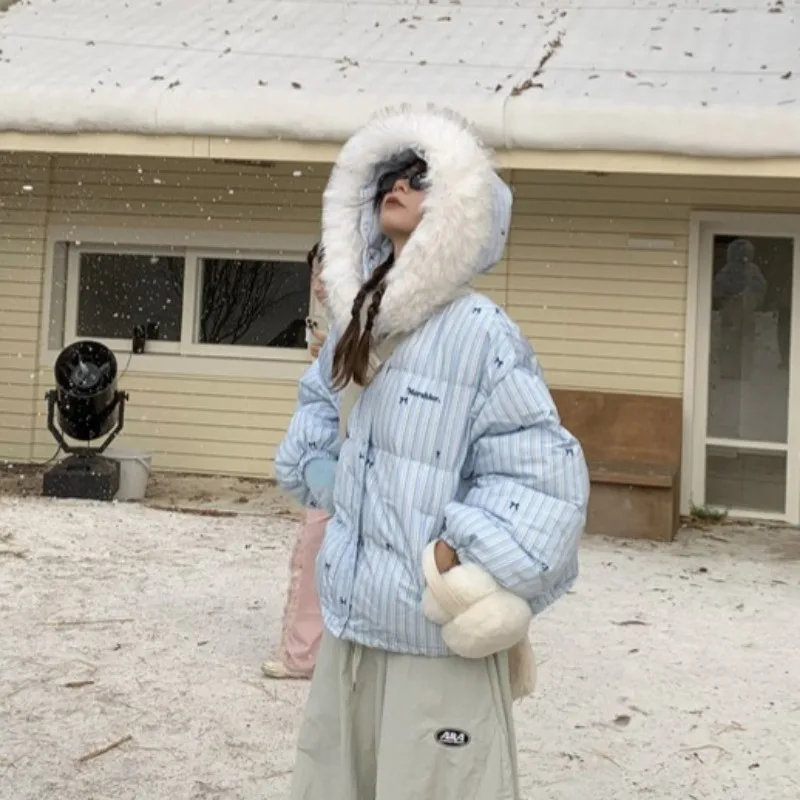 

Новая зимняя модная женская одежда в полоску в стиле ретро, теплое пальто с бантом, плюшевая спортивная одежда, милая свободная короткая куртка, женские топы