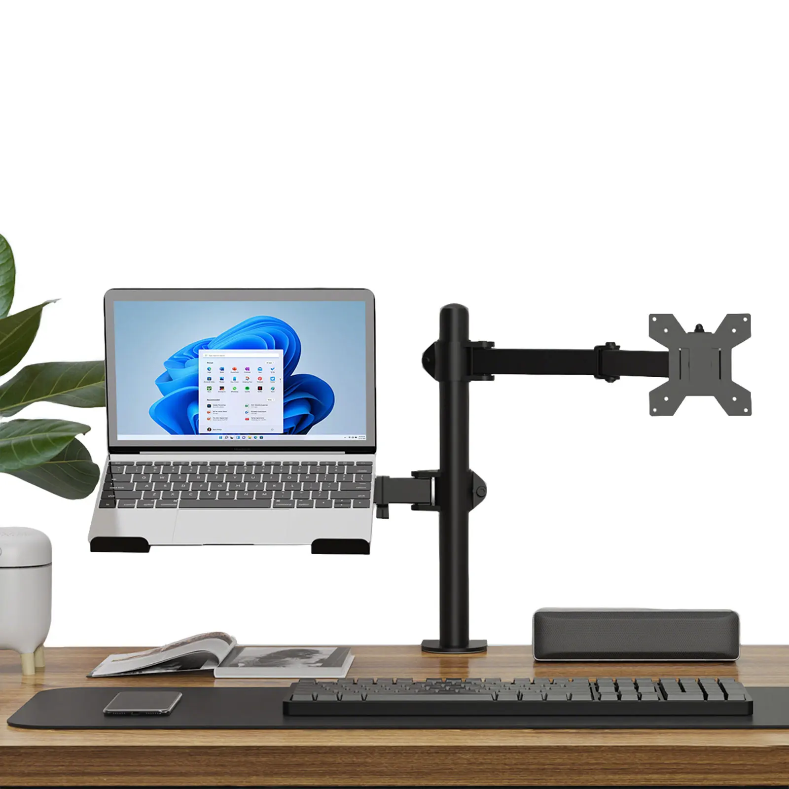 360 °   Soporte giratorio para computadora portátil, soporte para monitor equipado con clips para gestión de cables, soporte ajustable, soporte para computadora portátil, compatible con monitores LCD LED de 13 a 27 pulgadas