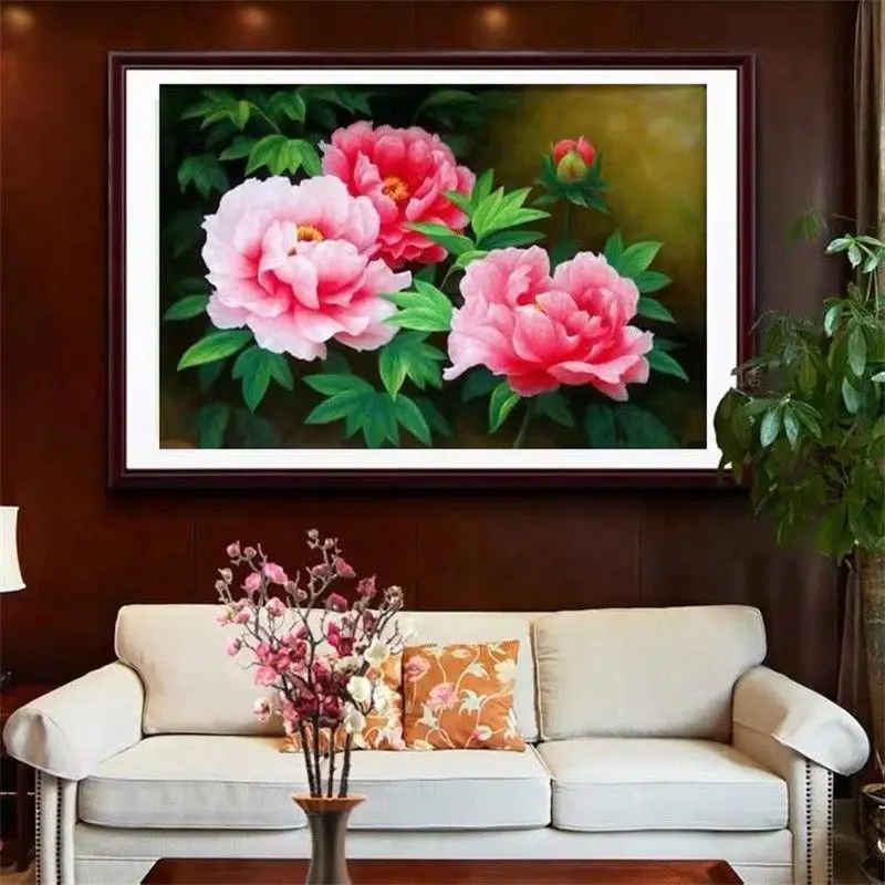 Handmade cross stitch finished product with blooming flowers, rich and prosperous peonies, living room, bedroom flowers, new