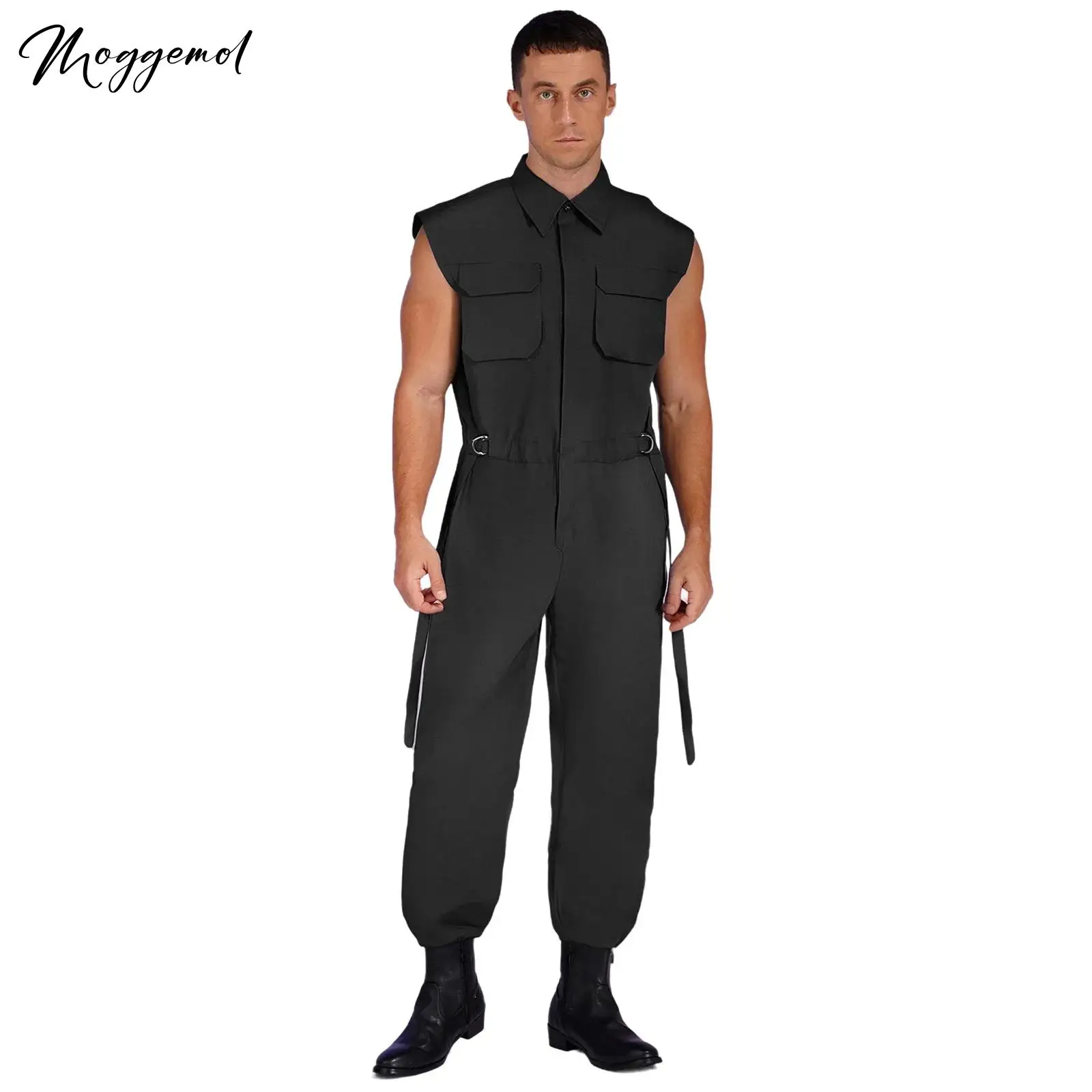 

Mens Coverall Workwear Wear Resistant Turn-Down Collar Button Adjustable Buckle Drawstring Waist Jumpsuit with Multi-Pocket