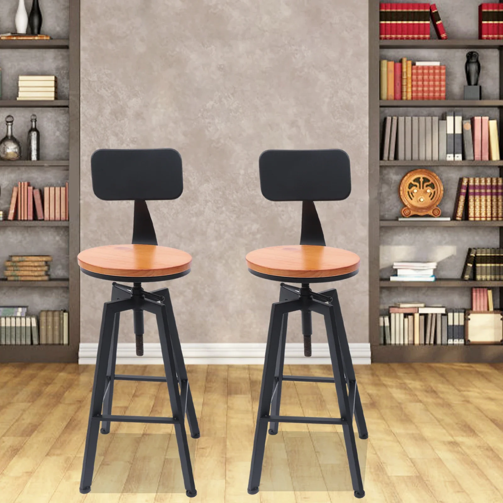 2pcs Bar Chair Seat Adjustable Height Kitchen Counter Bar Stools Set Wooden Retro Stools 64-84cm