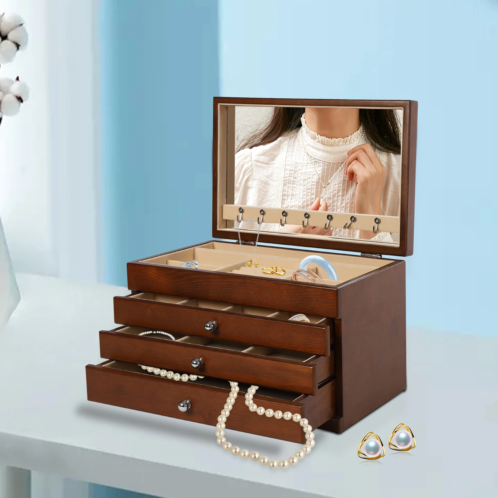 4-tier Wooden Jewellery Box With Drawers & Mirror Velvet Lining Elegant Case Large Capacity Wooden Jewelry Storage Box