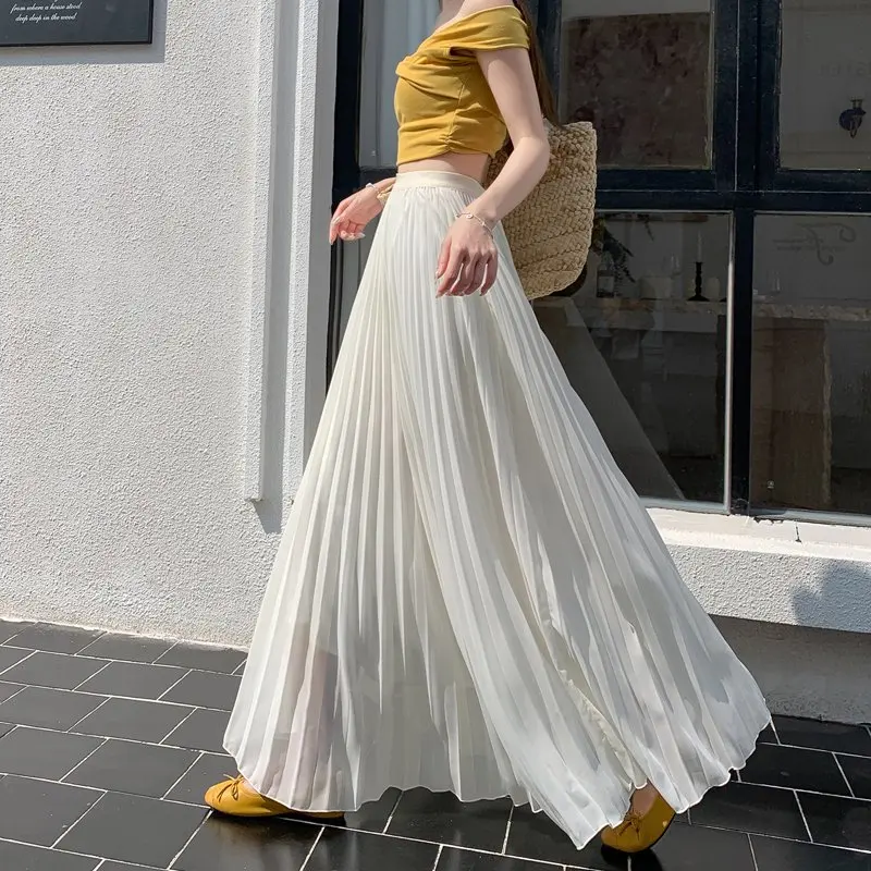 

Wrinkled White Black Pleated Skirt Women Chiffon Skirt French Chic Casual High Waisted A-Line Maxi Long Skirts falda plisada