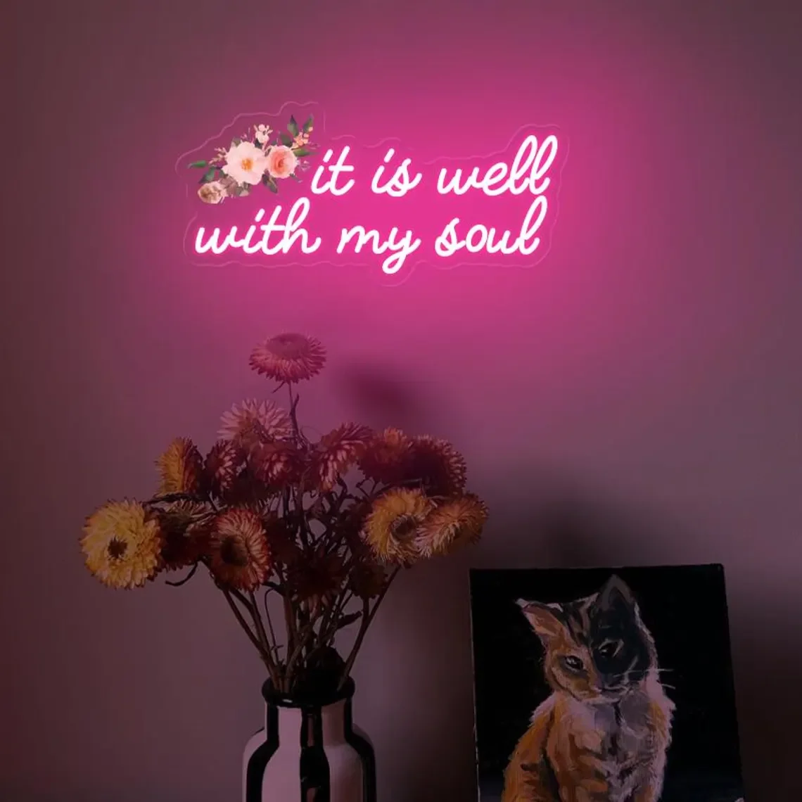 It Is Well With My Soul Neon Sign, Religious Wall Sign, Christian Wall Words, Retro Flower Neon Sign, Gift for Christian