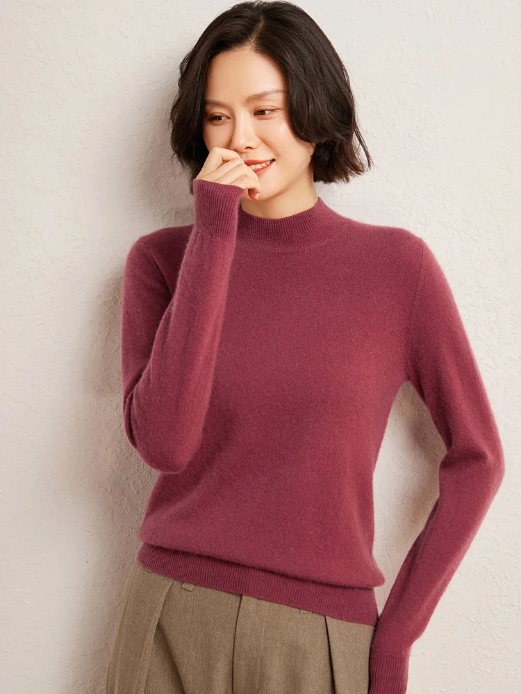 

New Basic Women Autumn Winter Sweater 100% Cashmere Mock-Neck Long Sleeves Solid Bottom Cashmere Knitwear Female Clothing Tops