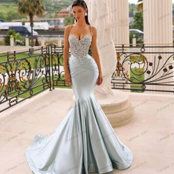 Glamorous Evening Dresses Satin Prom Dress Sequin Appliques Sleeveless Backless Sweetheart Mermaid Vestidos De Gala Customized