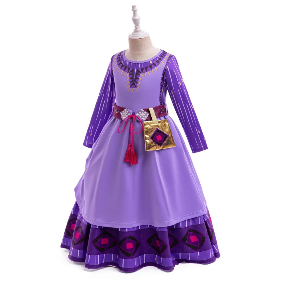 New Movie Wish Asha Costume For Girls Halloween Fancy Carnival Party Dresses Long Sleeve Cartoon Kids Cosplay Princess Dress