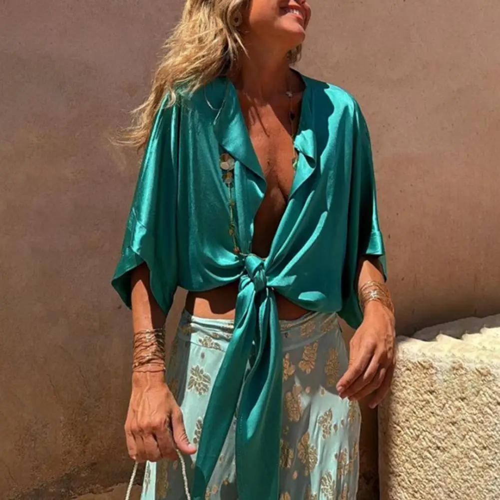 

Women Blouse Stylish Batwing Sleeve Cardigan with Ties for Women Loose Fit Shirt Tops Solid Color Daily Wear Option Women Shirt