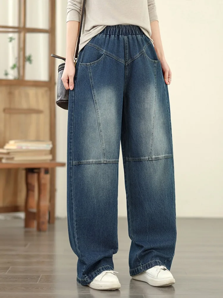 

Выцветшие женские джинсы большого размера в стиле ретро с эластичной резинкой на талии, утягивающие повседневные брюки-бананы, антивозрастные универсальные прямые длинные брюки