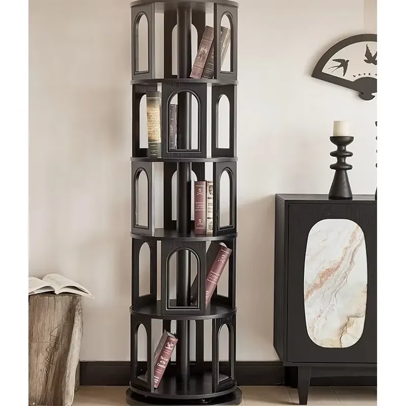 #Modern Apartment Hotel Living Room Solid Wood 360 Degree Rotating Bookshelf 5th Floor Circular Floor Standing Narrow