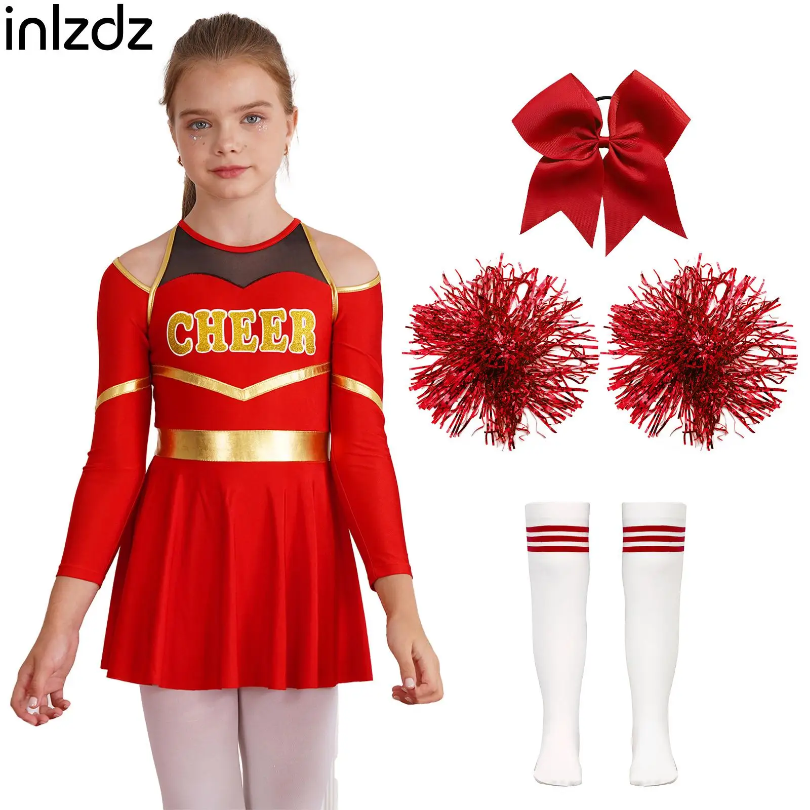 

Kids Girls Cheer Leader Outfits Long Sleeve Dance Leotard Dress with Pom Poms Schoolgirls Uniform Sports Meeting Costume