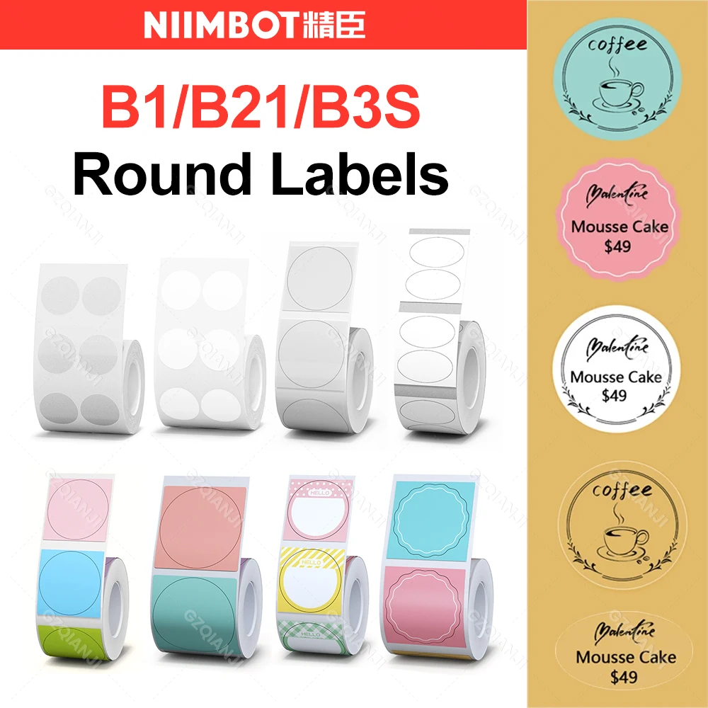 Niimbot Round White Color Label Sticker Paper Rolls for Adhesive Mini Mobile Label Maker B1 B21 Printer Different Size Papers