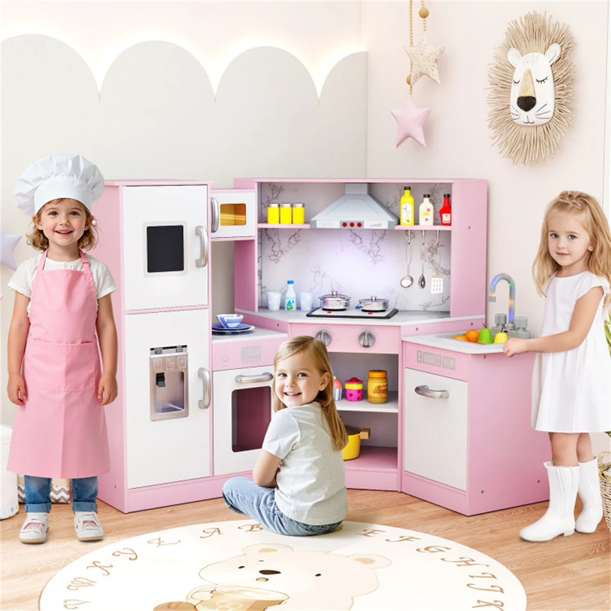 

Interactive Kids Play Kitchen with Ice Maker & Chalkboard, Corner Design Pretend Cooking Set with Realistic Sound Effects-Pink
