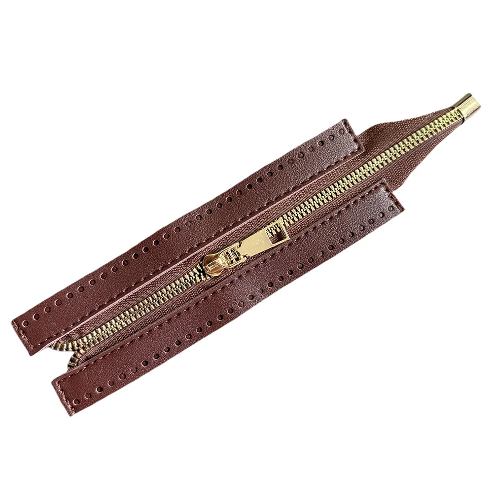 18cm Metal Zippers for DIY Handbag Fashionable Gold Color Zipper with PU Band Hand Crocheting Bag Zippers