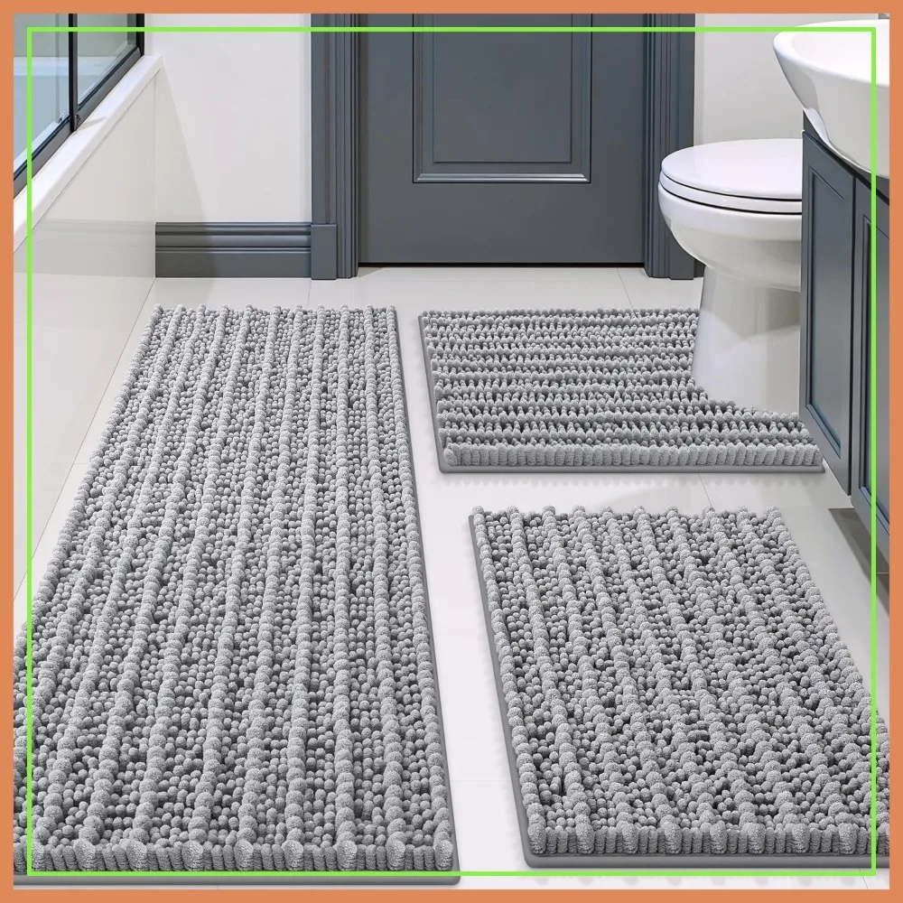 

Soft Absorbent Bathroom Rugs Set 3 Piece, Non Slip Rubber Backing, Quick Dry Chenille Bath Mat for Tub Shower Floor (Grey)