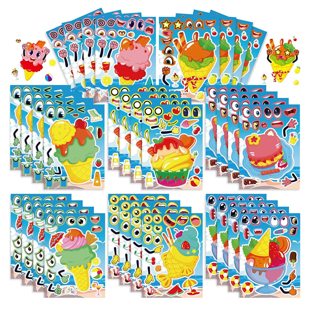 8/16Sheets Cute Cartoon Ice Cream Cake Kids Make a Face Puzzle Stickers Children DIY Assemble Jigsaw Toys Decals Decoration Gift