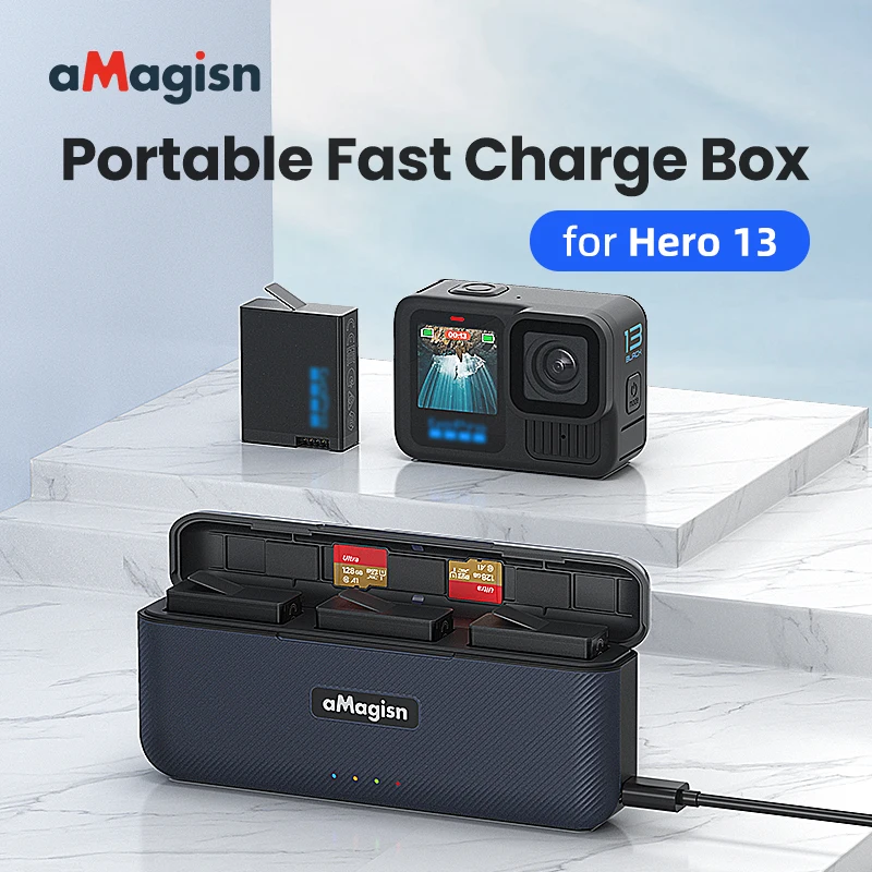 For GoPro Hero 13 Camera Battery Charger Portable 3-Channel Fast Charge Box TF Card Storage Smart Charging Management Accessory