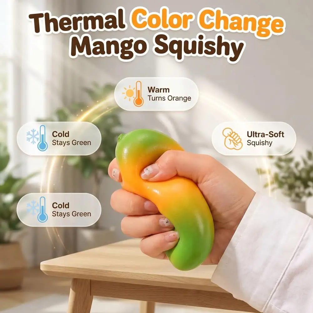 Handmade Crispy Mango Stress Ball Squeeze Toy, Color-Changing Mango Squishy Fidget Ball,Sensory Stress Relief Toy