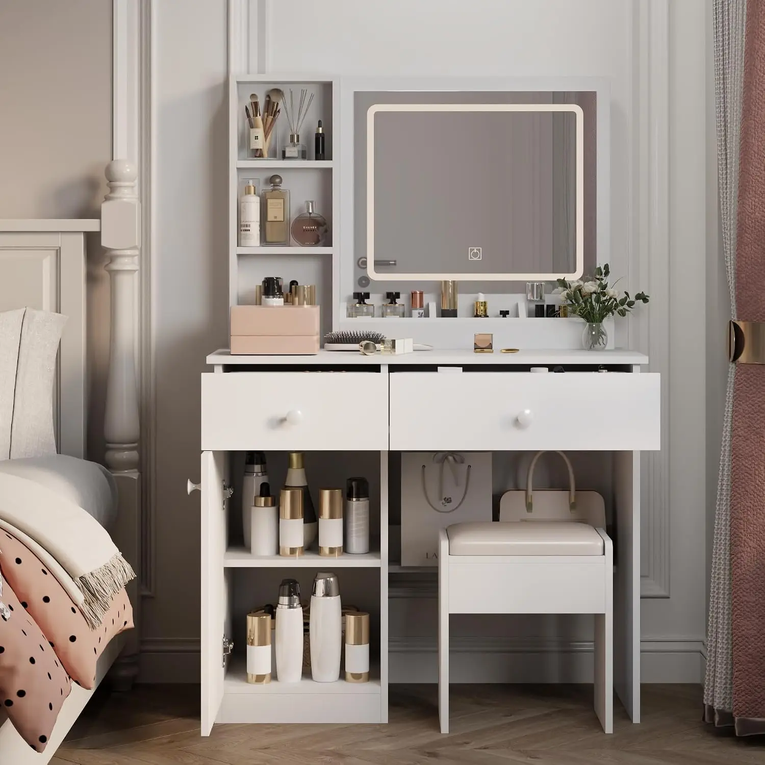 Makeup Vanity Desk Set with LED Mirror, 3 Color Lighting, 2 Drawers, Side Shelves, Stool, White, 34.8 x 15.7 x 53, Customized