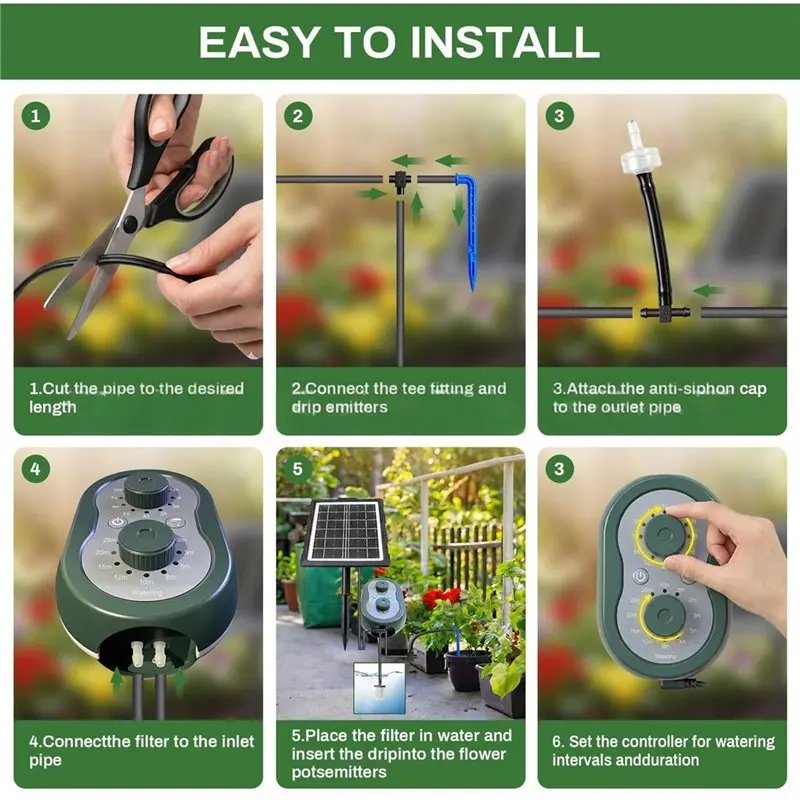 N10R-Irrigation Kit For Potted Plants Solar Powered Intelligent 6V 3W System Includes 2200Mah Battery Timed Watering Device DIY
