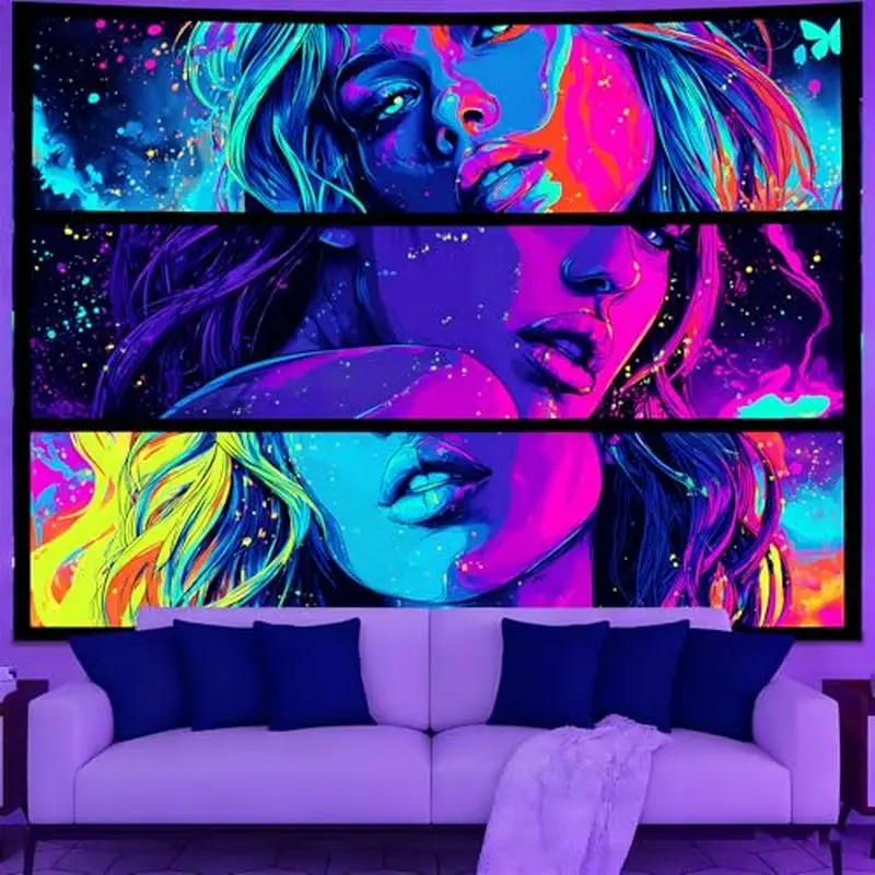VIKAMA Neon Psychedelic Portrait Tapestry, Colorful Cyber Style Wall Hanging, Gothic Bar Bedroom Wall Decor Home