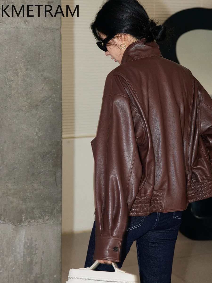 100% シープスキンジャケット女性ヴィンテージブラウン本革ジャケット女性新アウター秋服 2025 куртка кожаная