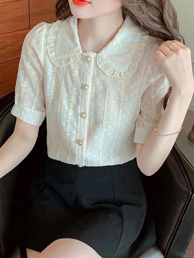 Blusas Mujer De Moda 2023 Verano Short Sleeve Blouse Women Doll Collar Lace Chiffon Blouse Shirt Women Tops Blouses Shirts E688