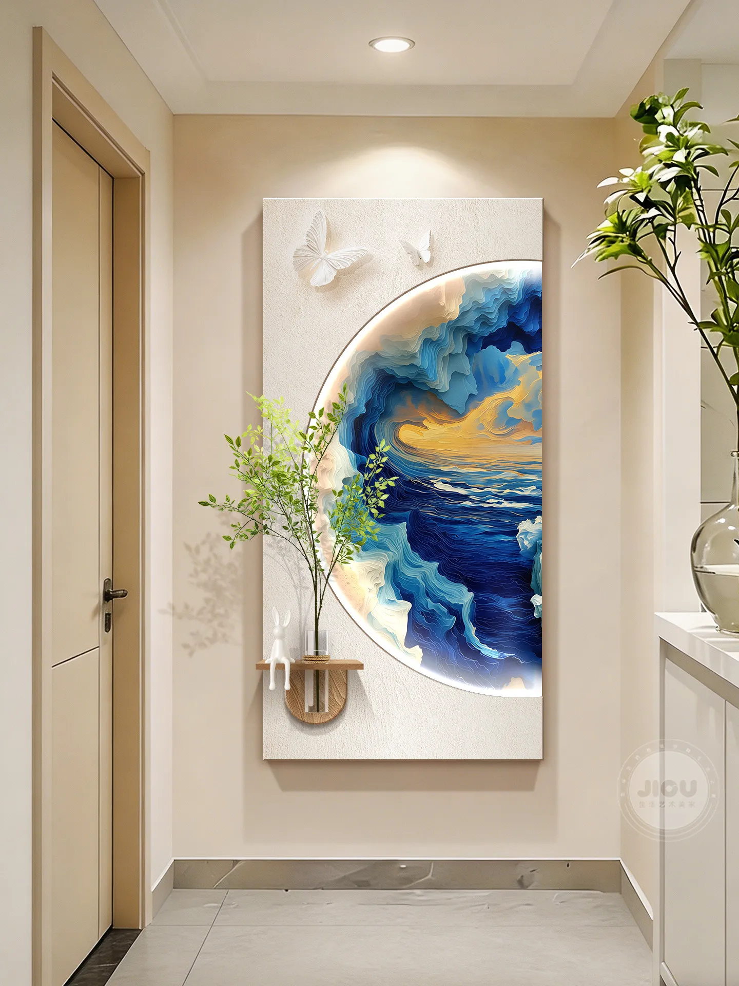 Cream style sea view entrance decoration painting, sandstone mural lamp, hydroponic green plant hanging painting