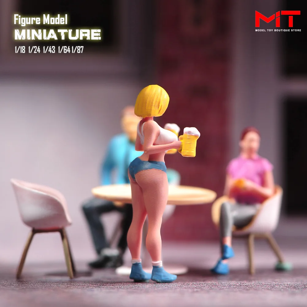 Painted Miniatures 1/87 1/64 1/43 1/24 1/18 Beauty Girl Serving Beer Figure Diorama Mini Doll Model Street Scene Props Decor