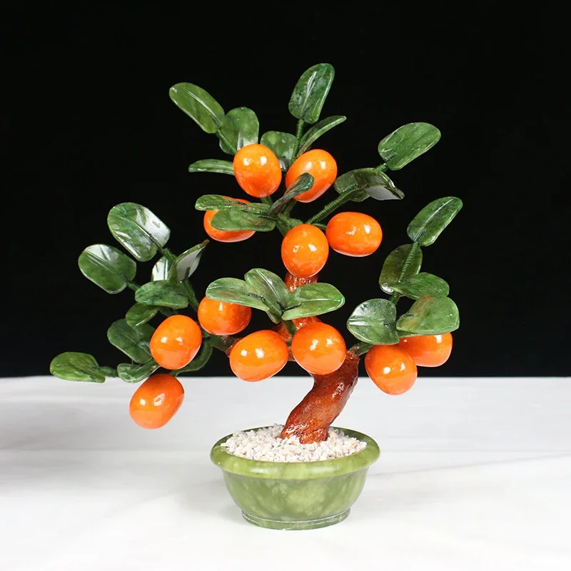 Natural Jade Kumquat Tangerinr Tree Imitation Plants Handmade Fake Bonsai Chinese Handicraft Ornaments Home Decoration