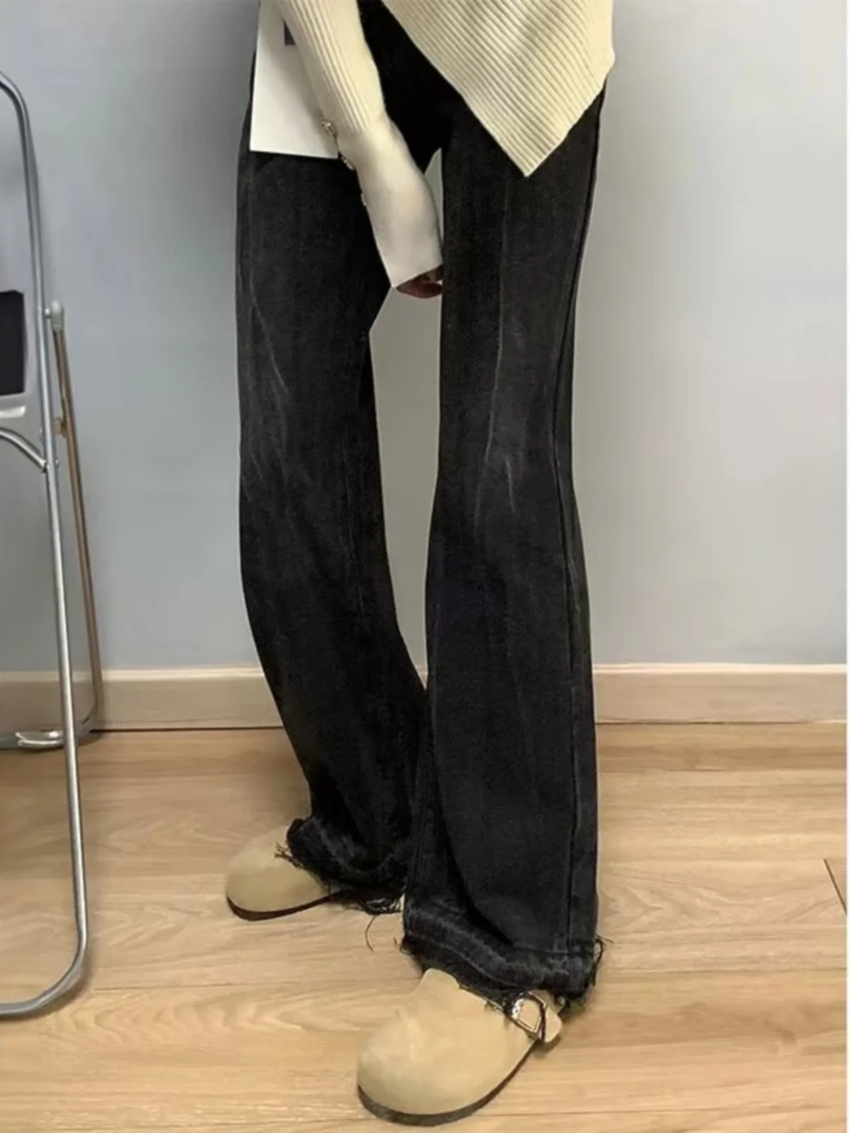 

High Waist Flared Jeans Women's plus Size Loose Fit Bootcut Pants Dark Grey Black Autumn Winter New Style Casual Wear