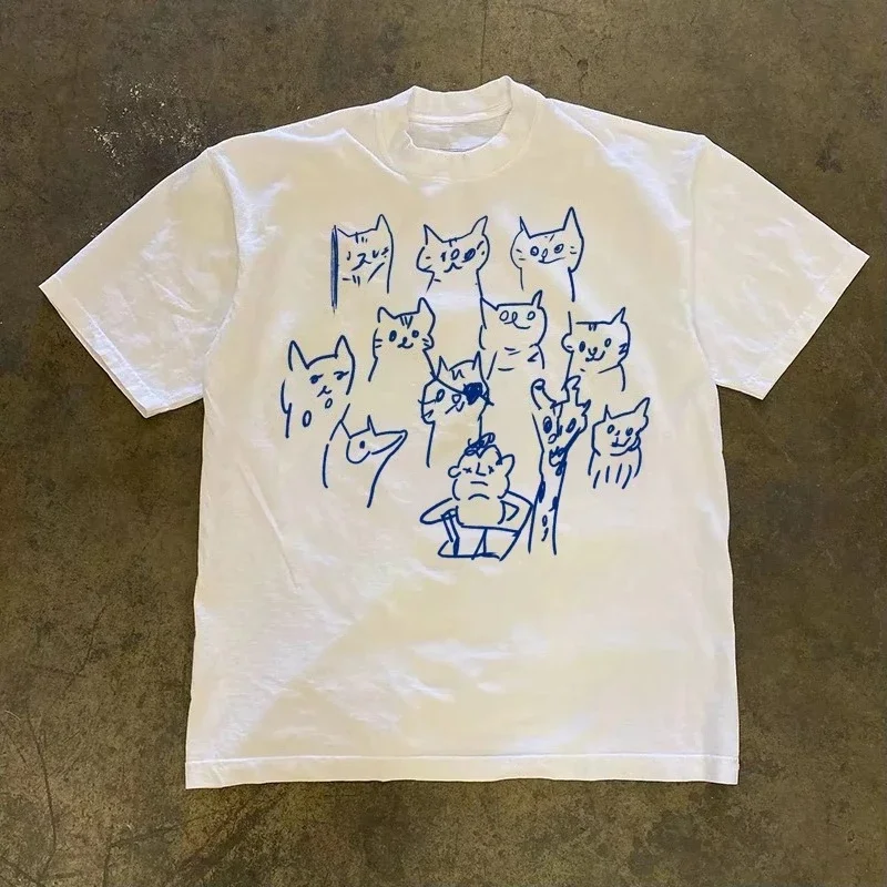 Women's Same Animal Cat Print Fashion Casual Sports Short-sleeved T-shirt Couple Graphic T Shirts Summer Streetwear Vintage Y2K