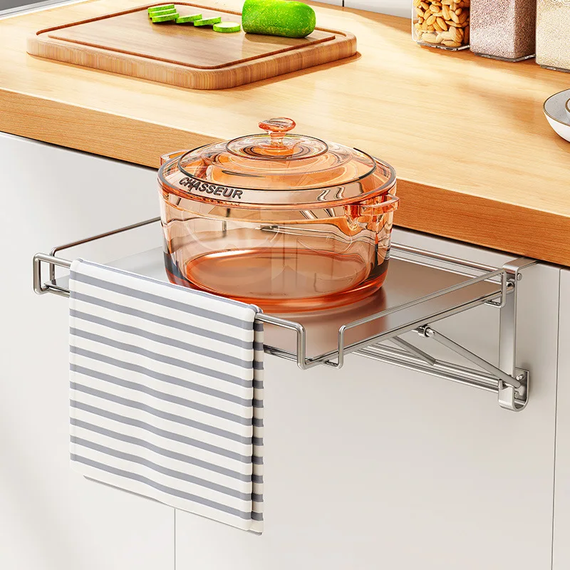 Over the Cabinet Door Organizer Stainless Steel Foldable Rack Kitchen Countertop Table Plate Extended Hanging Shelving Rack