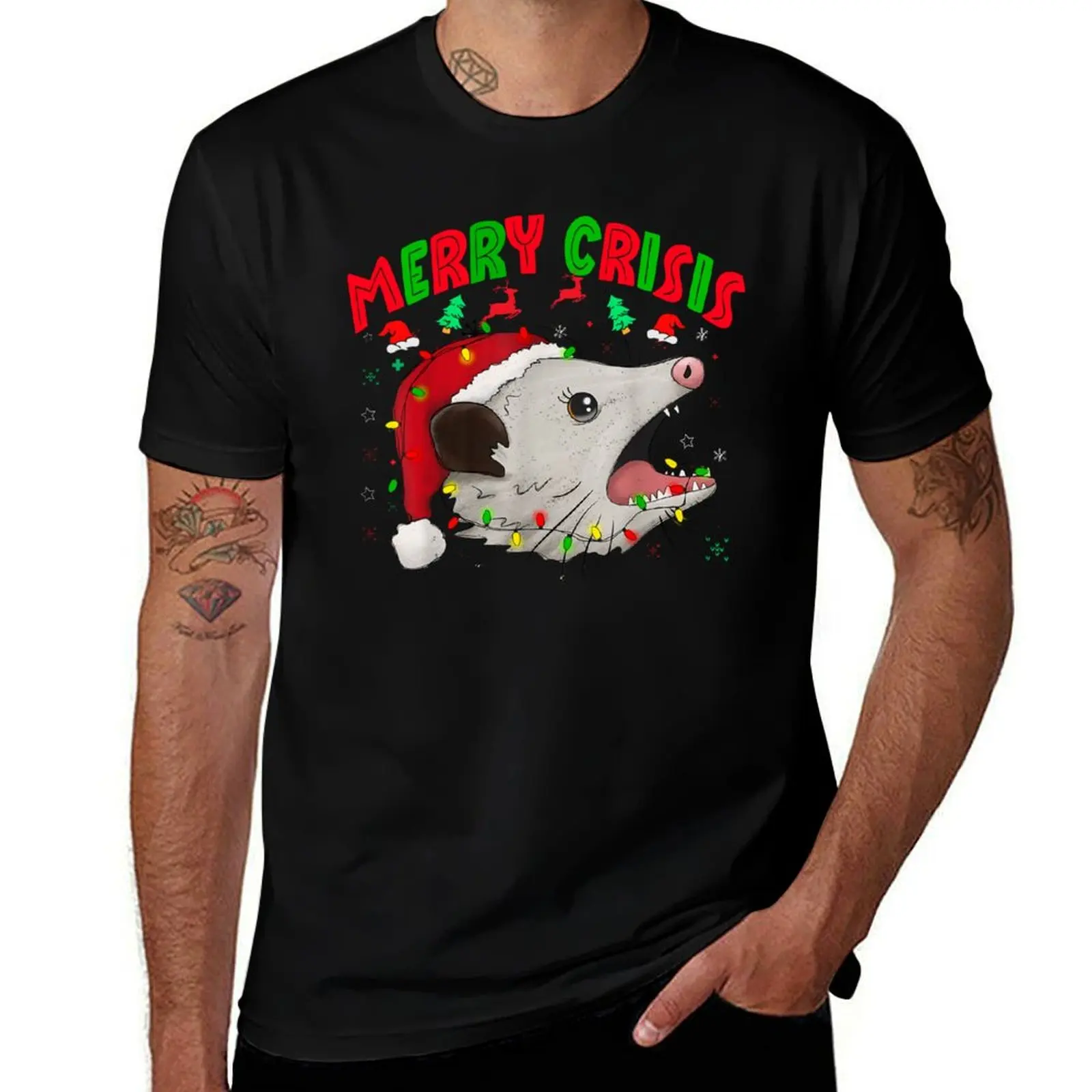 Merry Crisis santa claus opossum T-Shirt Work Short Sleeve Cotton Top T-Shirt