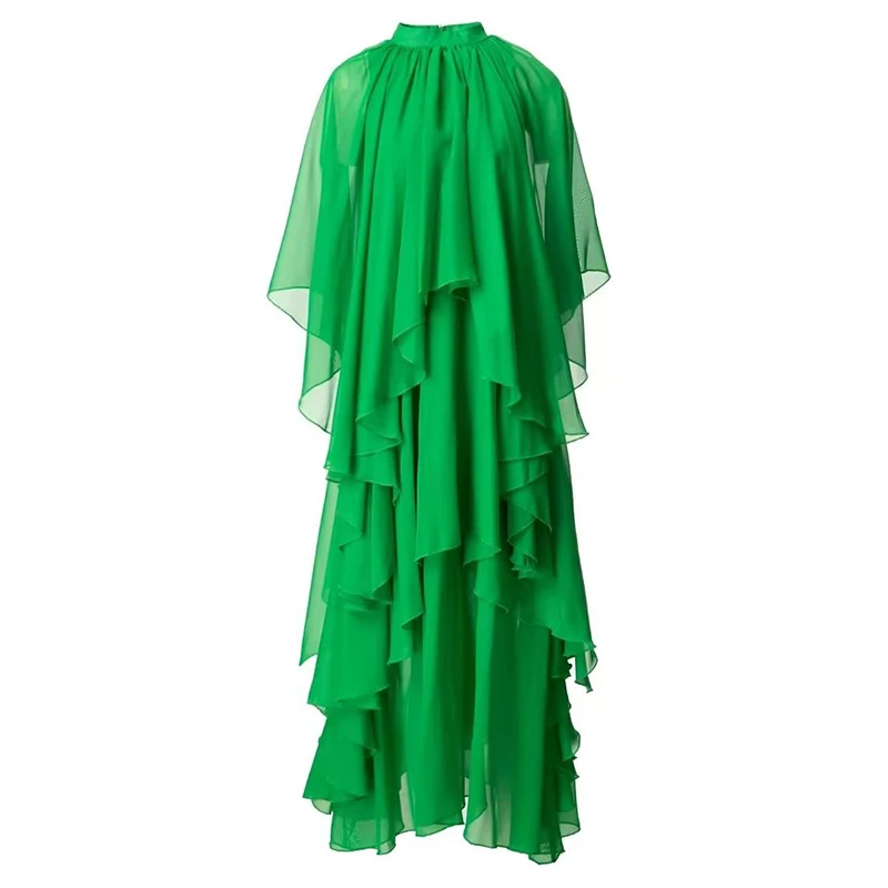 Primavera e verão novo estilo de praia pequeno gola em camadas irregular chiffon plissado folha de lótus renda vestido feminino S-3XL