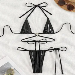 Mulheres Metálico Preto Halter String Micro Mini Bikini Sets, duas peças sem encosto Swimwear, maiô, tanga maiô