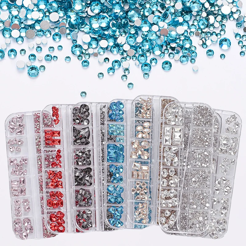 Arte de uñas con diamantes de imitación, 12 rejillas, gemas de cristal planas coloridas, decoración de manicura DIY, diamante de uñas 3D para maquillaje, uñas y manualidades