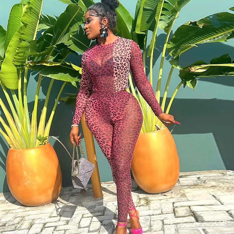 Sexy Leopard Gedruckt Sheer Club Outfits Frau Zwei Stück Set Lange Hülse O-ansatz Overall Top und Hosen Nacht Party Passenden Sets
