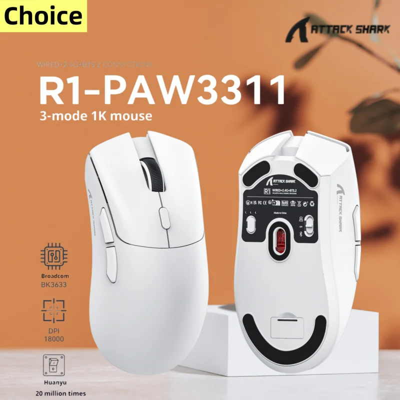 

Attack Shark R1 Wireless Mouse, 18000dpi,1000Hz Return rate, Tri-mode Connection, PAW3311,Macro Gaming Mouse,40G acceleration