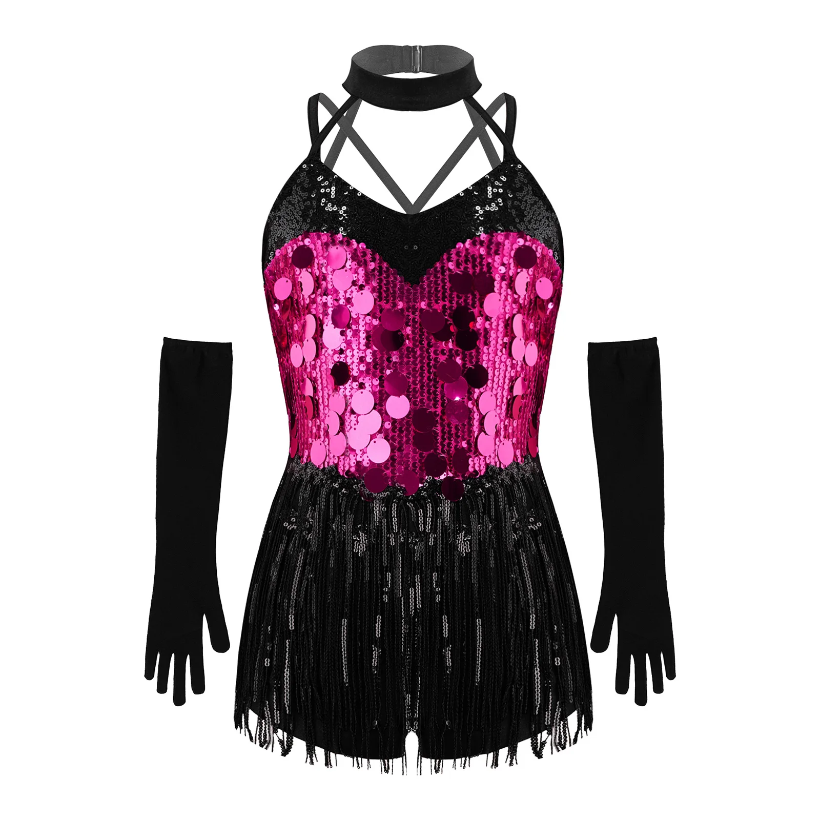 Vestido de Leotardo con Lentejuelas y Flecos para Niñas, con Tirantes y Cuello Halter, para Baile Latino, con Guantes, para Actuaciones en el Escenario