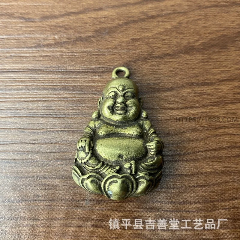 Copper , Yuanbao Maitreya , Happy Big-Bellied Buddha Keychain Pendant, Antique-Style Bronze Sculpture Figuri
