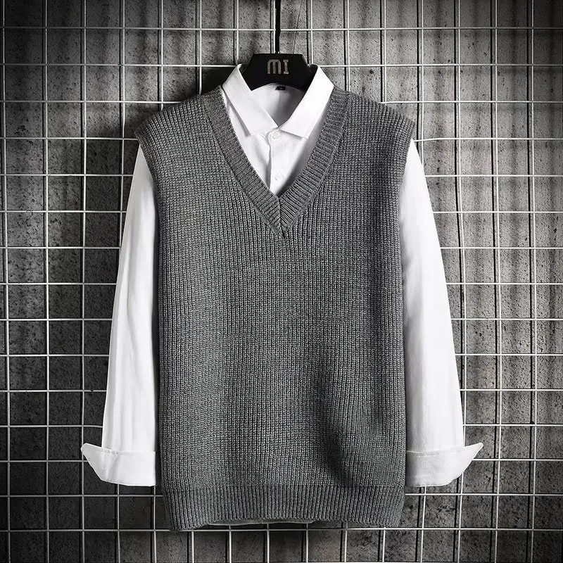 Mens Knitted Sweater Vest Sleeveless V-Neck Pullover Winter Warm Jumpers All-Match Solid Color Simple Fashion Streetwear Tops