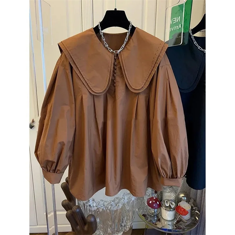 Retro Women Loose Fashion Top Lady Lantern Sleeve Shirt Jacket Spring Autumn Female Doll Collar Cardigan Blouse Coat